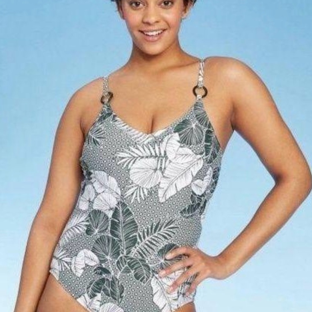 Kona Sol Tropical Leaf One Piece Swimsuit L Black White